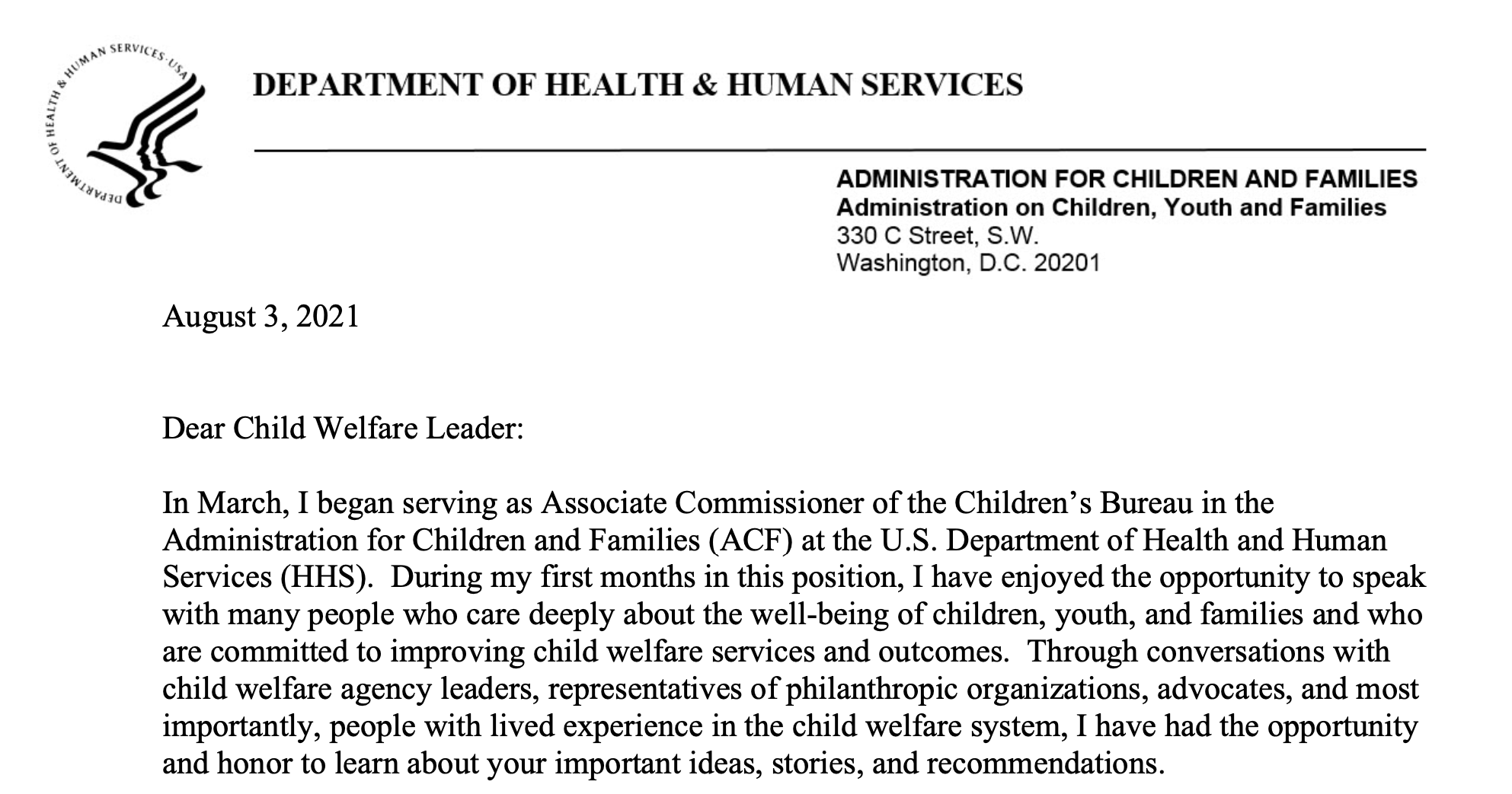 Letter from Department of Health and Human Services on Equity